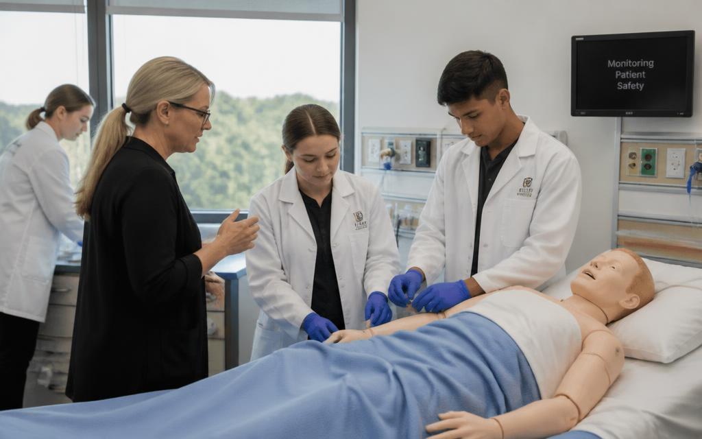 Allied health students practising clinical skills with an instructor in a skills lab