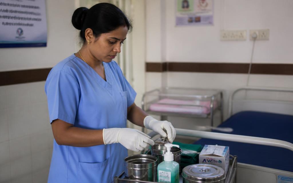Community midwife preparing sterile equipment in a maternity ward