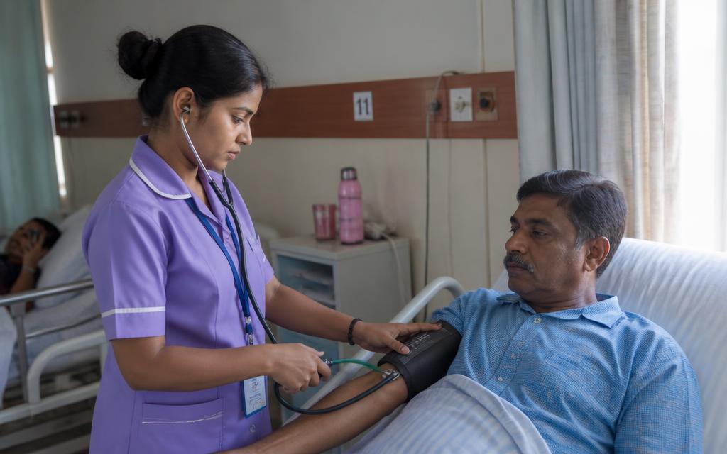 Nursing assistant checking a patient's blood pressure at a hospital ward bedside