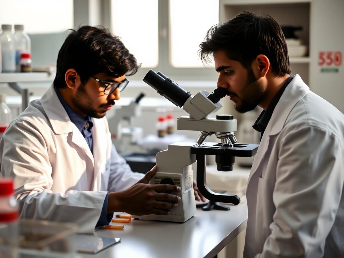Students working with microscopes and laboratory equipment in a diagnostic lab