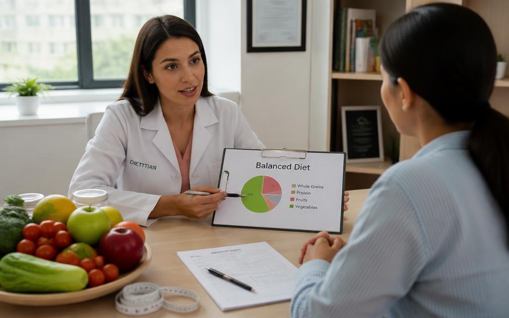 Dietitian consulting with a client using a balanced diet chart and fresh produce
